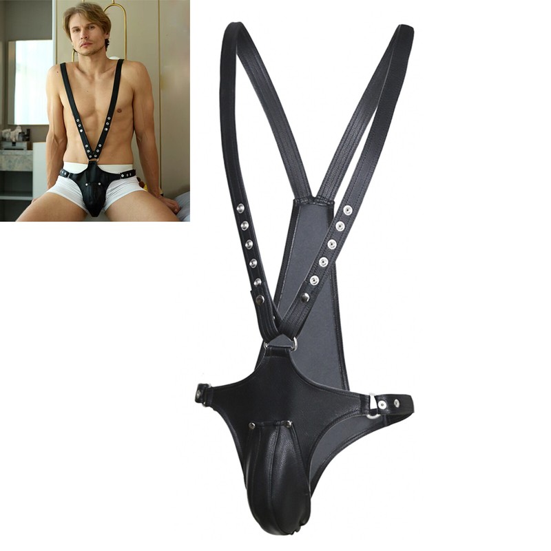 Male PU Leather Harness Leotard Underwear String Body Girdle Punk Thong Clubwear