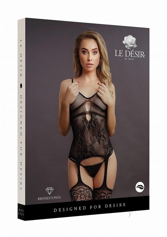 Le Desir Suspender Rhinestone Bodystocking – O/S – Black