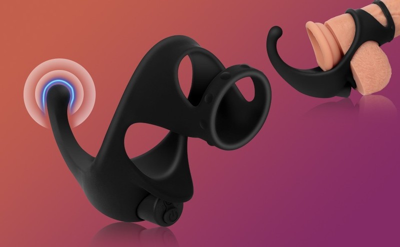 Vibrating Dual Penis Ring with Taint Teaser, Stretchy Cock Ring Vibrator