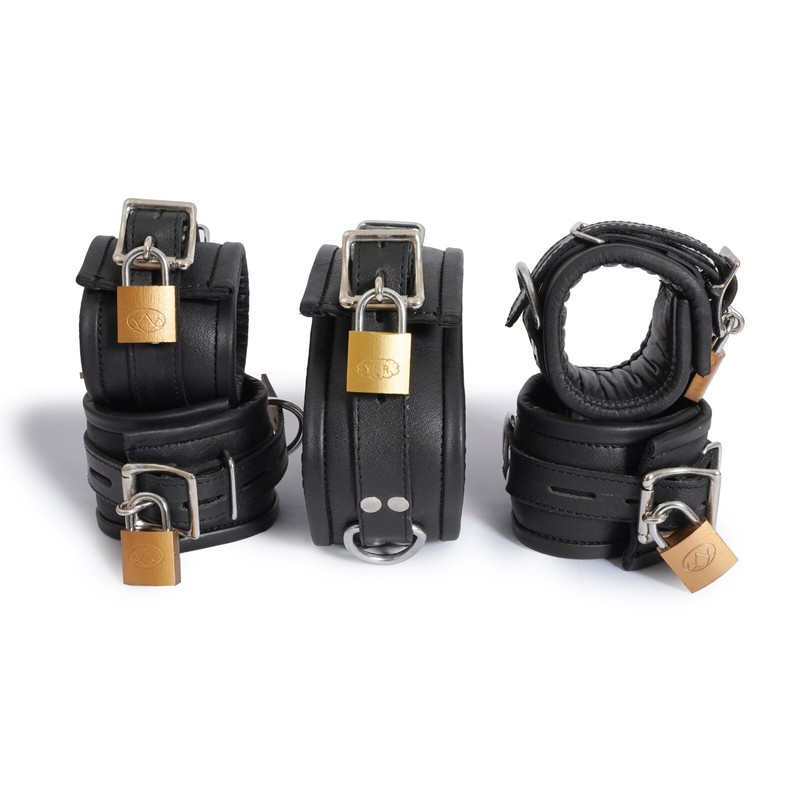 Thick Real Leather Wrist Ankle Cuffs & Collar Restraint Set Black Lockable 5 Pcs