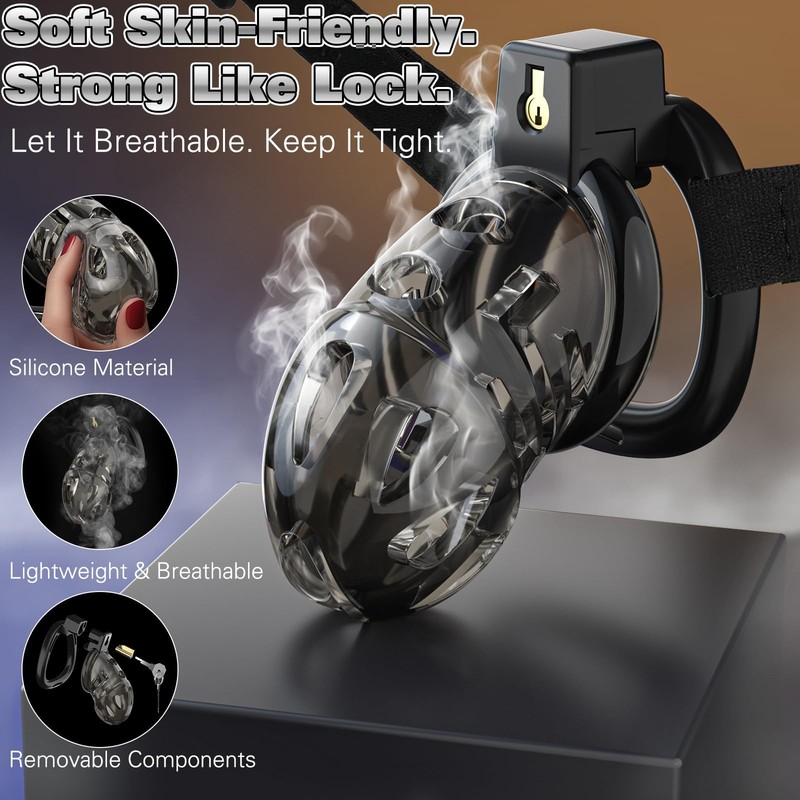 Male Chastity Cage Device, Soft Silicone Cock with 6 Size Large, Black gallery