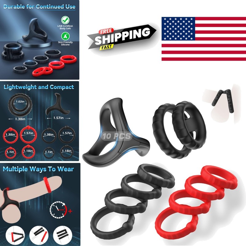 Men's Cock Ring Set 10 Silicone Rings for Prolonged Pleasure and Stamina