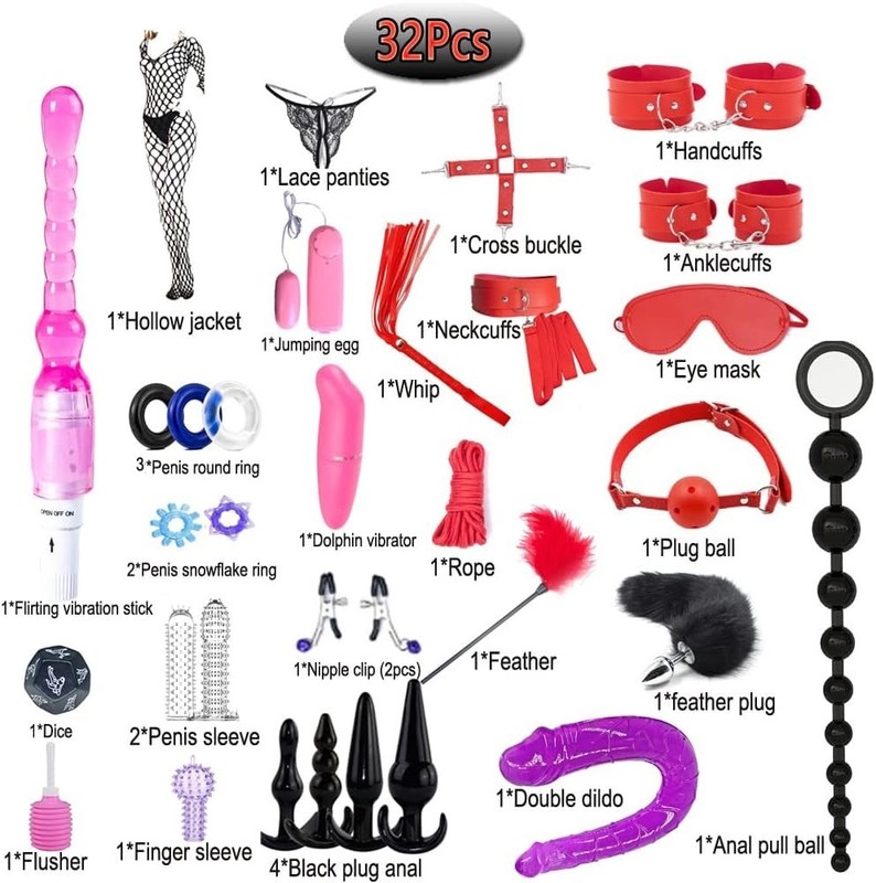 32 Piece Silicone Bondage Restraint Kit Waterproof Vibrator and Anal Plug Set gallery