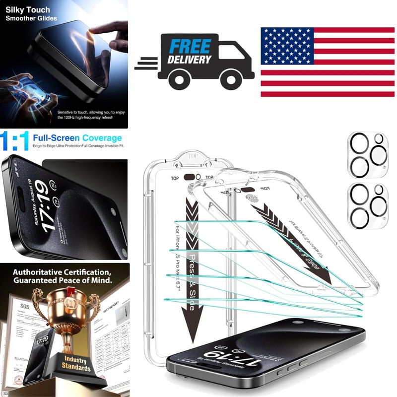 Scratch Resistant iPhone 15 Pro Max Screen Protector 4 Pack with Lens Protectors