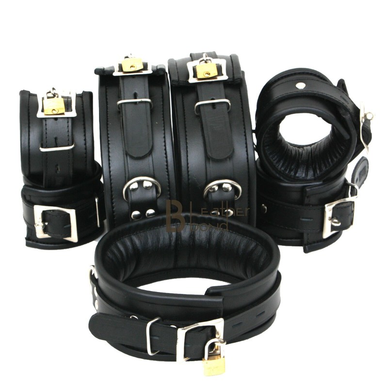 Thick Real Leather Wrist Ankle Thigh Cuffs & Collar Restraint Set Black 7 Pieces