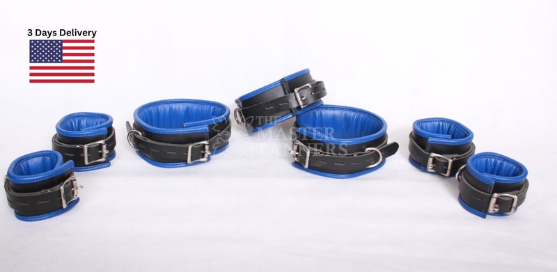 Leather Padded Handcuffs Ankle Cuffs Neck Collar Set BDSM Bondage Set Restraint