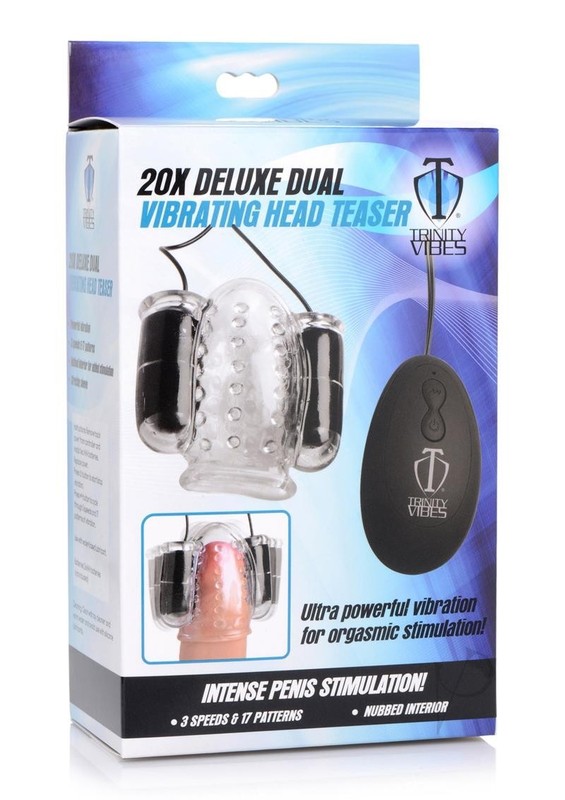 Trinity Men Twin Bullet Penis Head Teaser with Wired Remote Control – Clear