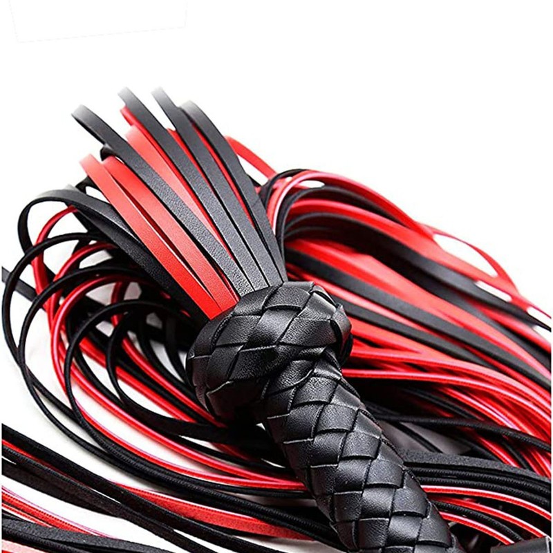 Genuine Leather Red Black Flogger Braided Handle Multi Tail Sensation Whip gallery