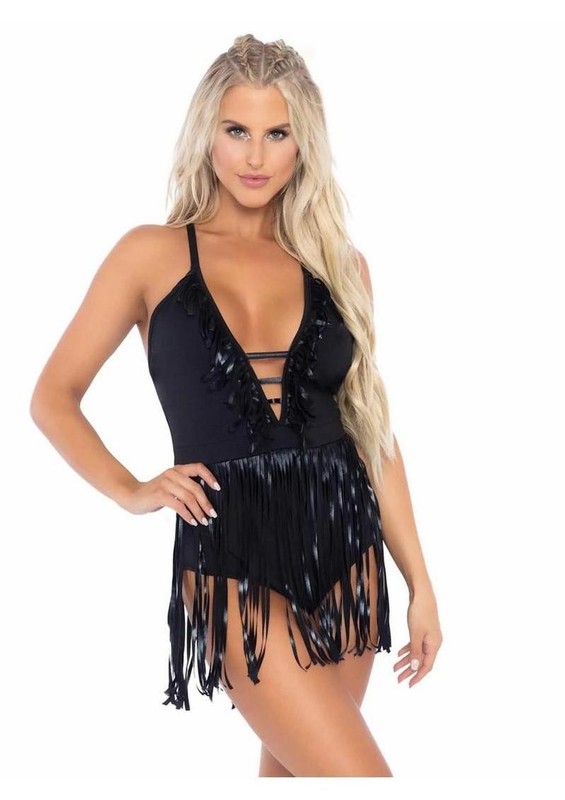 Leg Avenue Fringe Halter Bodysuit – Medium/Large – Black