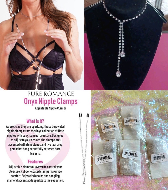Pure Romance Onyx Adjustable Rhinestone Necklace Breast Nipple Clamps Plus Gift