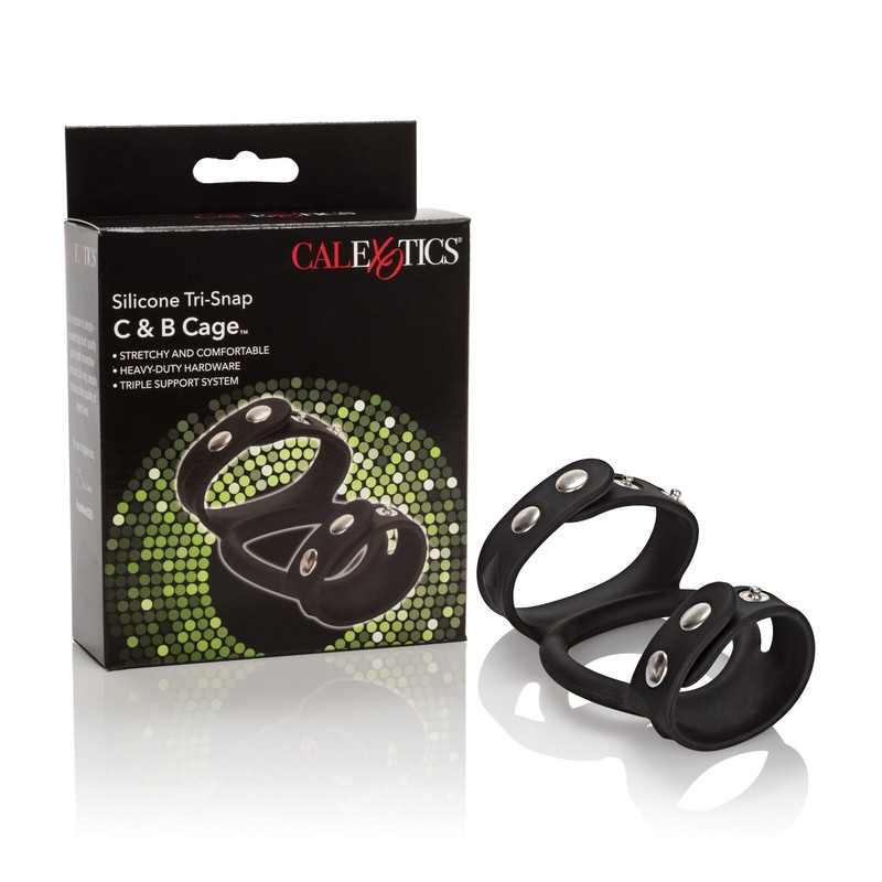 Cal Exotics Silicone Tri-Snap C&B Cage Black – Adjustable Cock & Ball Strap