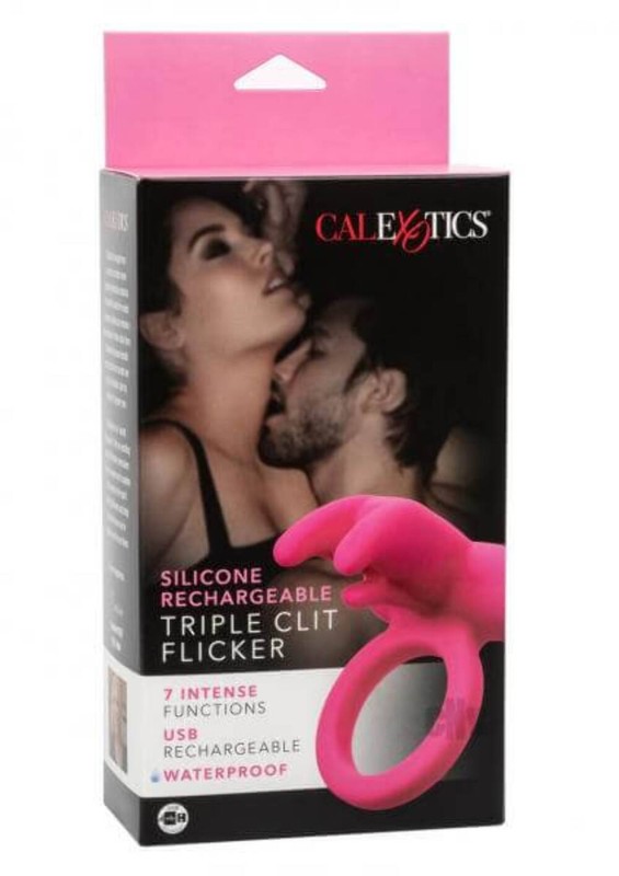 Rechargeable Vibrating Silicone Cock Ring Triple Clit Flicker Pink gallery
