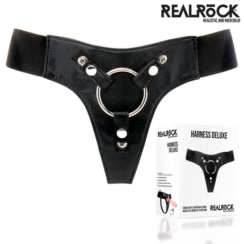 RealRock Deluxe Black Leather Harness Harness with Metal Rings