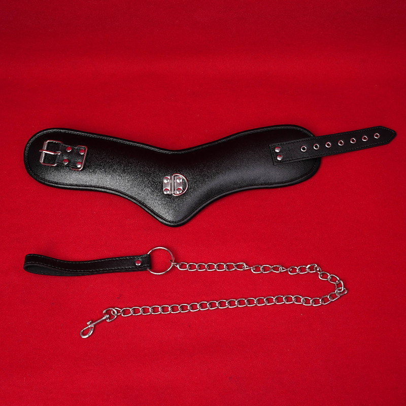 Black PU Leather Neck Collar Restraint Bondage Chain Leash BDSM Adult Toys Game