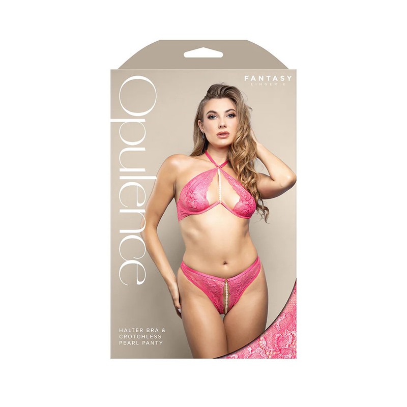 Opulence Pearl Accent Halter Bra & Crotchless Panty Hot Pink S/M