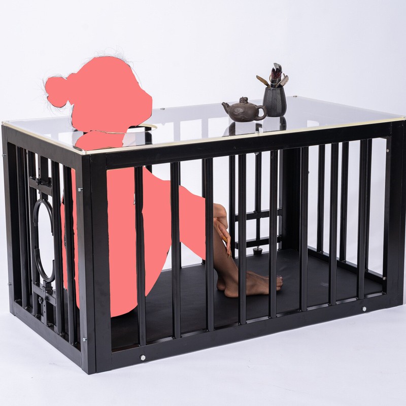 BDSM Restraint Cage for K9 Pet Play-Iron Doggy Cage w/Table Function,Bondage Set