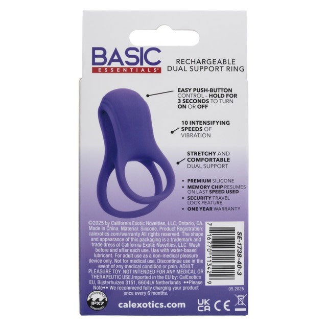 Cal Exotics Basic Essentials Rechargeable Dual Support Penis Cock Ring - Purple gallery