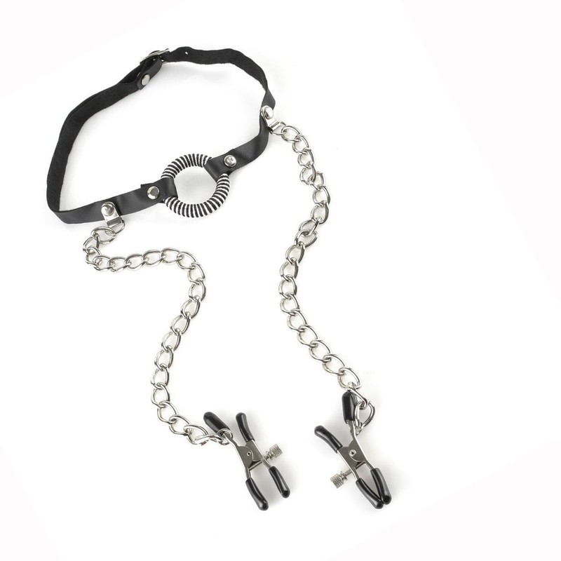 Fetish Fantasy O-Ring Breathable Open Mouth Gag Nipple Clamps Chain BDSM Bondage