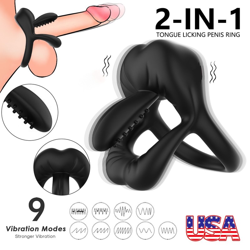 Male Penis Rings Vibrators with Tongue Licking Cock Couple Sex-Toys Clit Orgasm