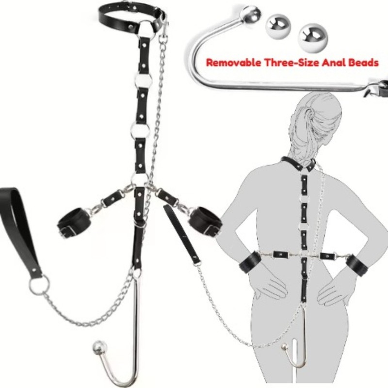 BDSM Bondage Set w/ Anal Hook Metal Butt Plug Restraints Sex Toy for Couples Kit