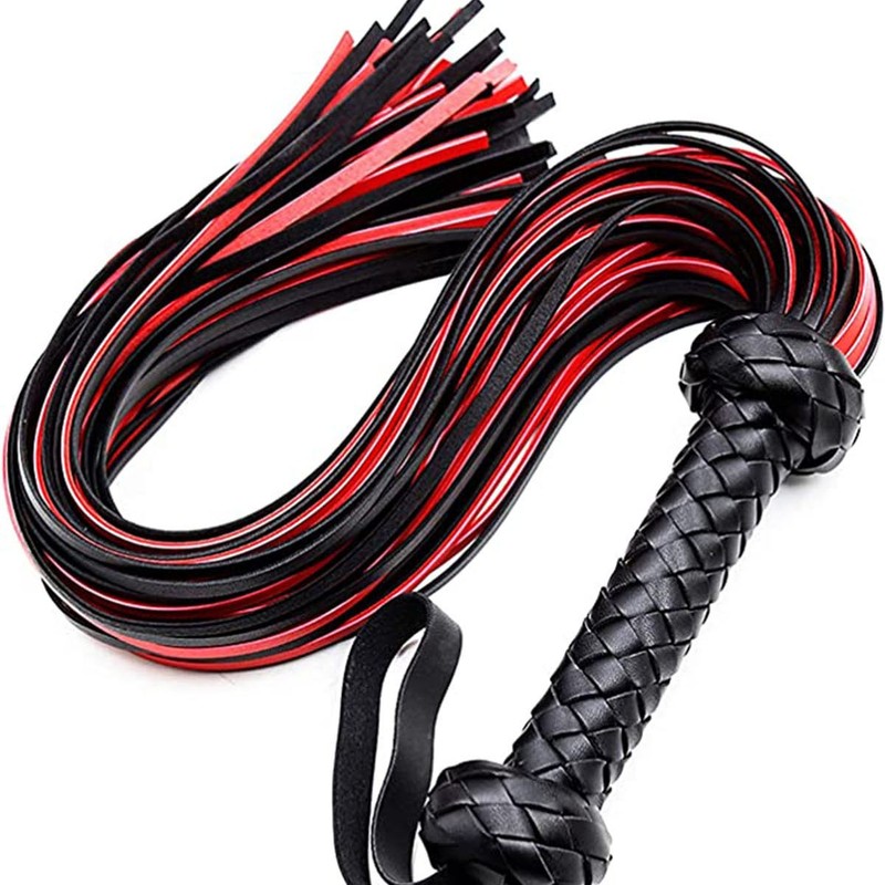 Genuine Leather Red Black Flogger Braided Handle Multi Tail Sensation Whip