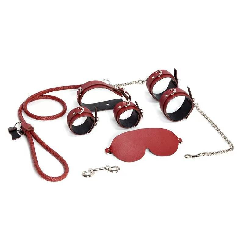 Luxurious Black Red Fetish BDSM Bondage Set Leather Restraint Kit USA