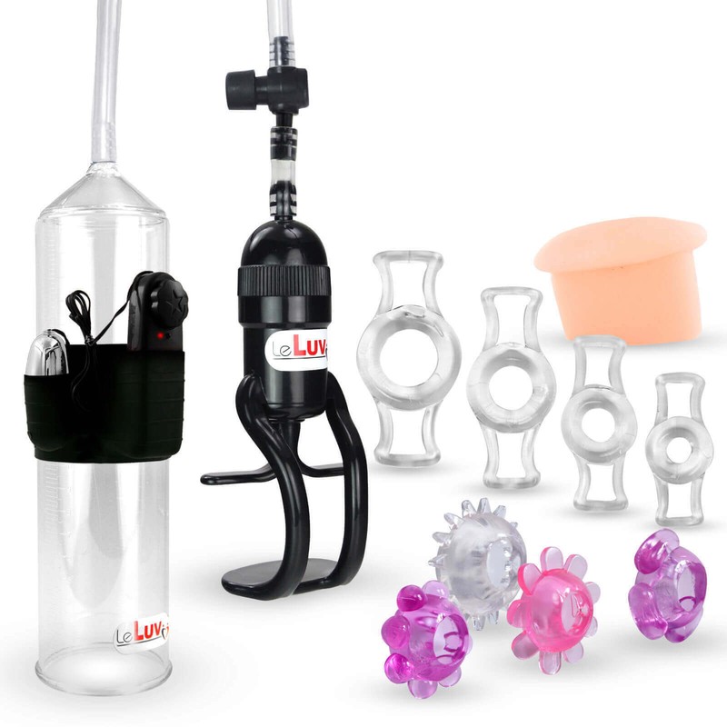 LeLuv Penis Pump with Bullet Zgrip EasyOp Donut, 4 Clear, 4 Jelly Rings