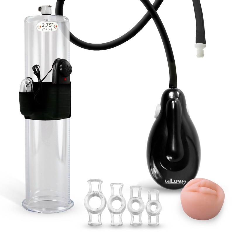LeLuv eGrip Electric Vibrating Penis Pump | Silicone Hose | 4 Rings & Soft Donut