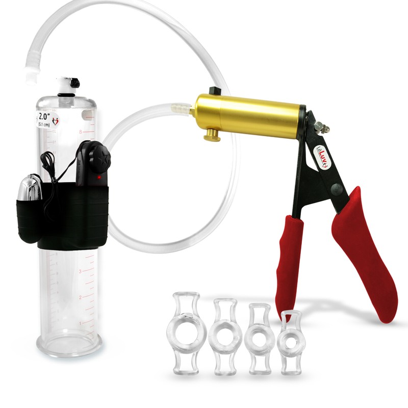 LeLuv ULTIMA Penis Pump | Red/Pink Premium Grips | Vibrating Cylinder + 4 Rings