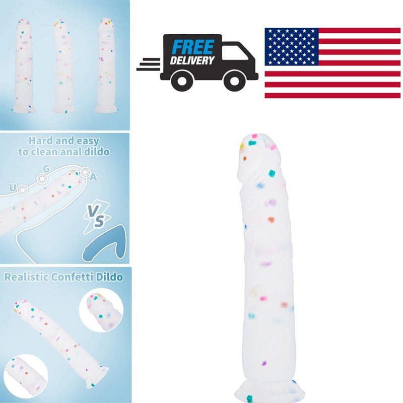 Flared Suction Cup Dildo 9 Inch Confetti Design for Hands Free and Strap On Use