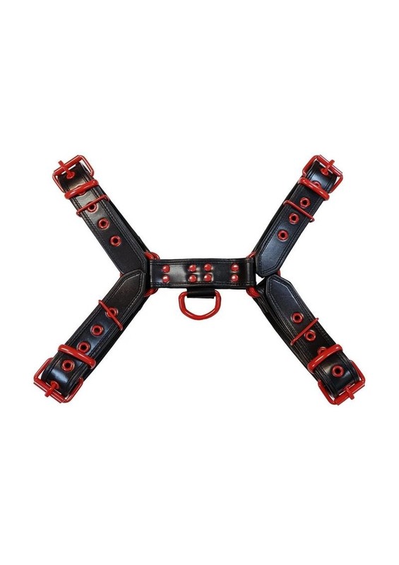 Rouge Leather Over The Head Harness Black with Red Accessories -Small