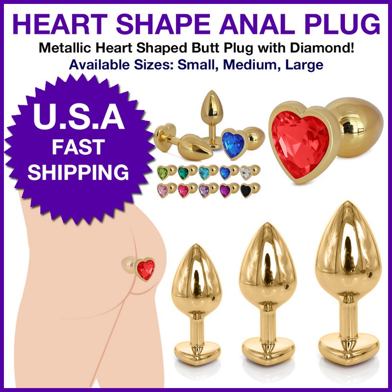 Anal Butt Insert Plug Stainless Steel Metal Jeweled Heart Plated Stopper Gold