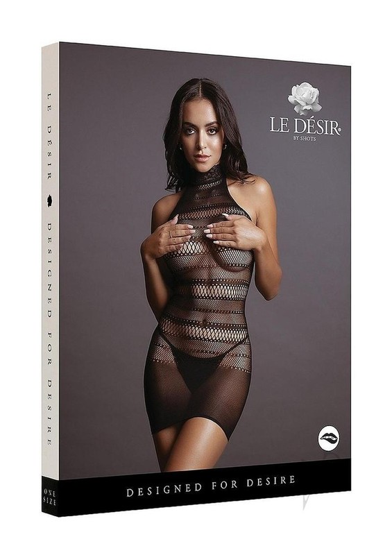 Le Desir High Lace Neck Net Mini Dress – O/S – Black