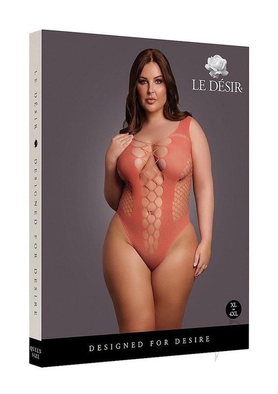 Le Desir V-Neck Teddy with Opaque Panels – Queen – Sunset Glow Orange
