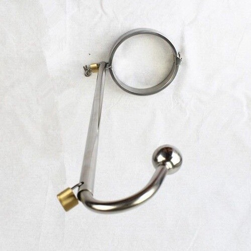 Stainless Steel Lock Neck Cuffs with Anal Butt Plug Hook Dildo Sex Toys Slave SM