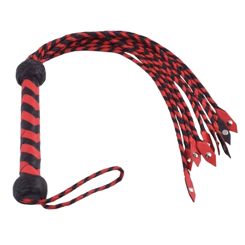 Handmade Real Leather Flogger Red & Black 9 Strands Wooden Handle Cosplay Costum