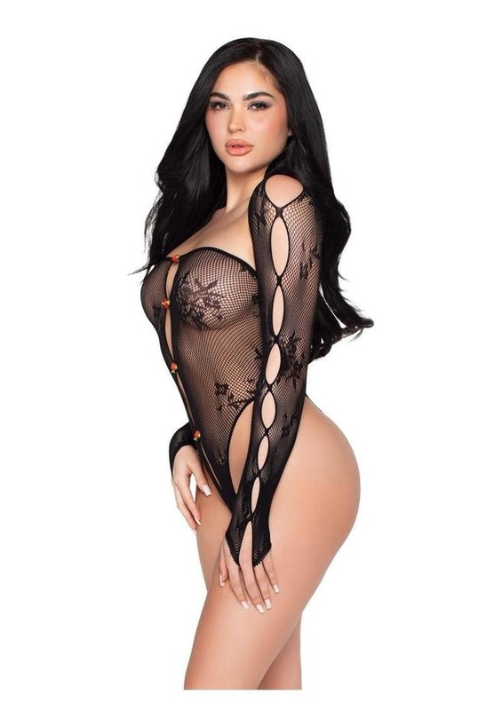 LA Keyhole Net & Lace Crotchless Teddy w/ Rosette Accents & Shrug O/S gallery