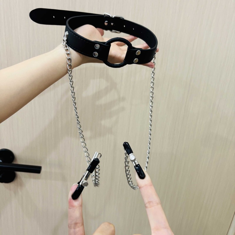 Fetish Open Mouth O-Ring Gag with Nipple Clamps Chain Clip Bondage BDSM Sex Toys gallery