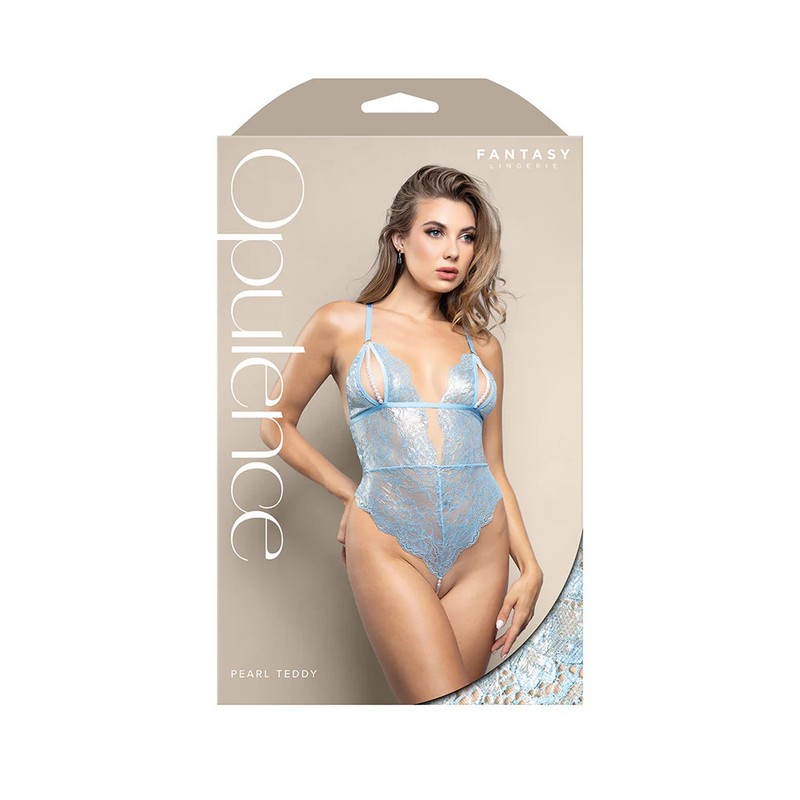 Opulence Split Pearl Cup Open-Back Teddy with String Crotch Light Blue S/M