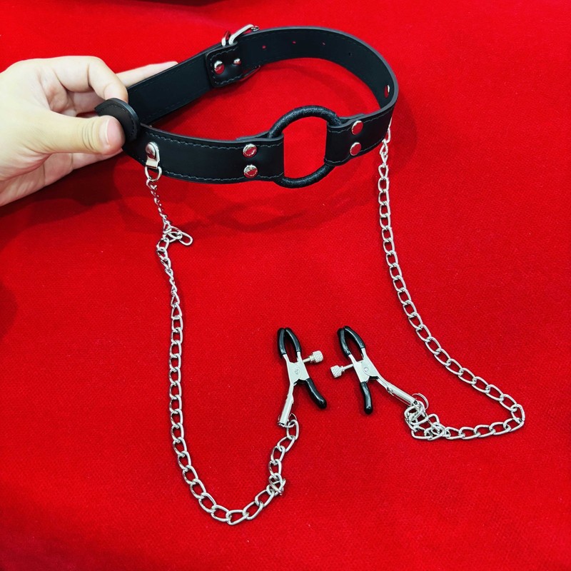Women Metal Nipple Clamp Adjustable Neck Collar Mouthgag with Chain Bondage BDSM