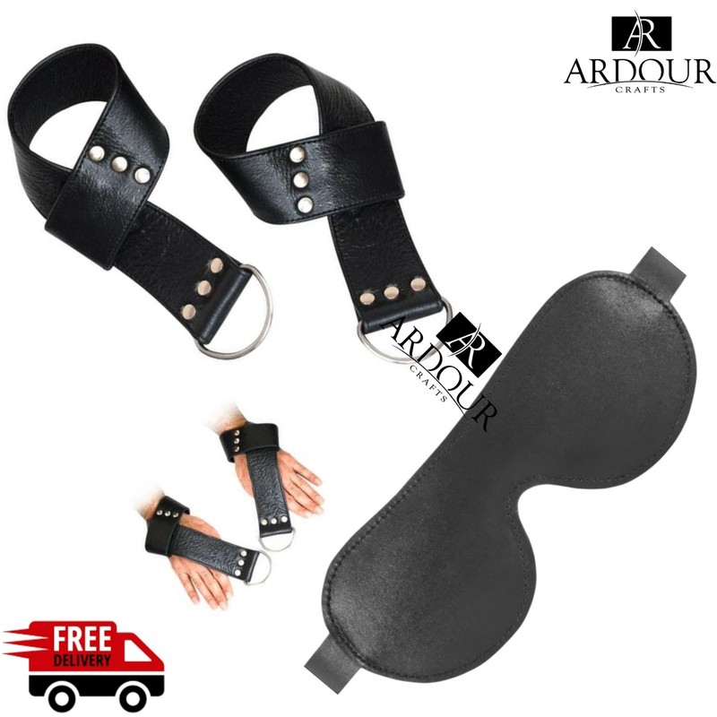 Real Leather Wrist Cuffs & Blindfold Set Adjustable Restraint Couples Role Play
