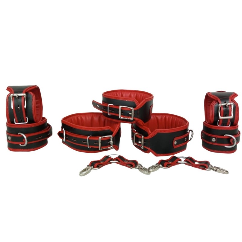 Thick Real Leather Wrist Ankle Thigh Cuffs & Collar Restraint Set Black 9 Pieces