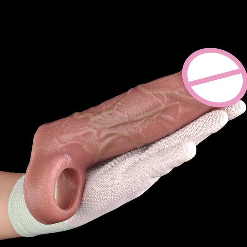 Silicone Penis Sleeve With Foreskin Head Reusable Condoms Rings Extender Sex Toy gallery