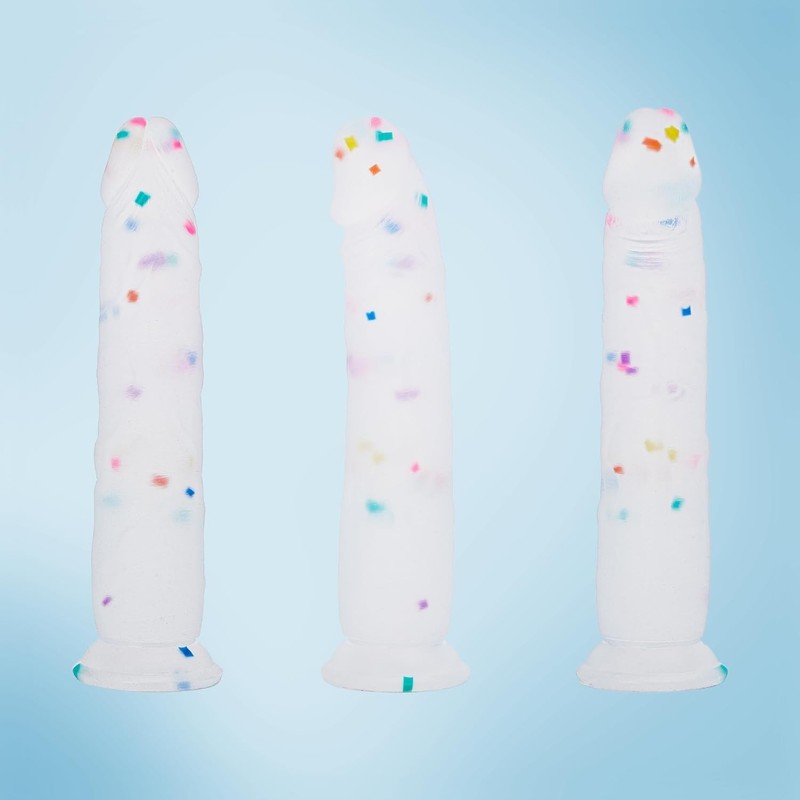Flared Suction Cup Dildo 9 Inch Confetti Design for Hands Free and Strap On Use gallery