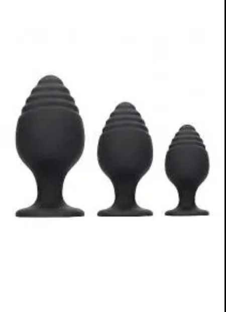 RIPPLED BUTT PLUG 3 PIECE SET BLACK, 2.1/2.6/3.3 inches, silky soft silicone