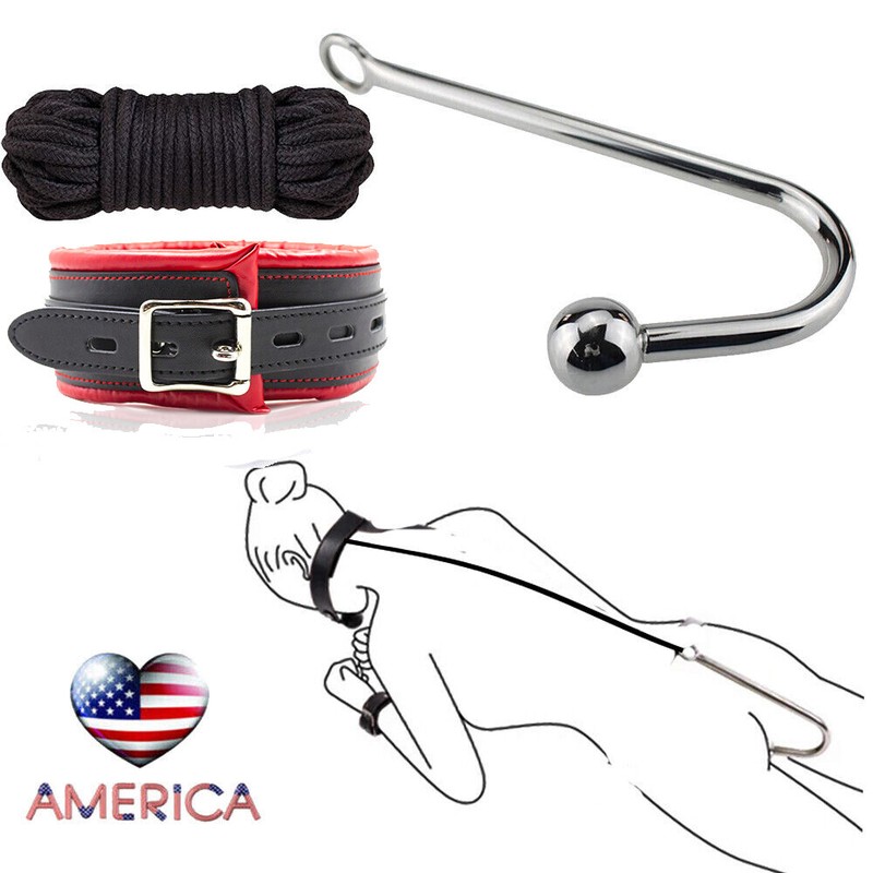 BDSM Bondage Metal Anal Hook Butt Plug Sex Toys Neck Collar Leash Shibari Rope