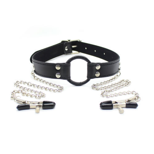 Fetish Open Mouth O-Ring Gag with Nipple Clamps Chain Clip Bondage BDSM Sex Toys gallery