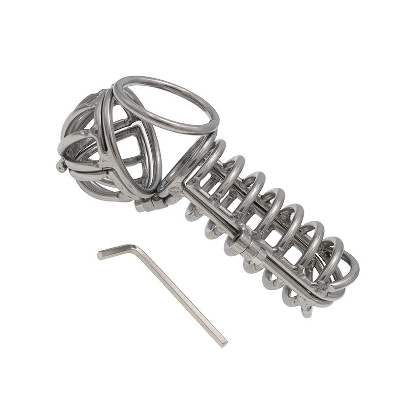 Male Chastity Device Lock Scrotum Ball Stretcher Metal Cage Ring Chastity Cage-- gallery