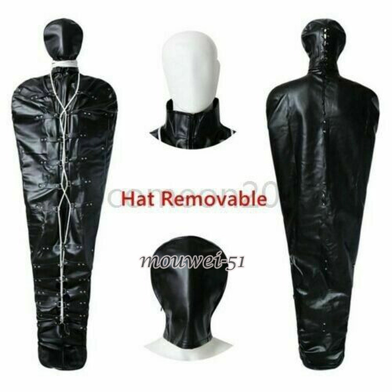 Heavy PU Leather Mummy Sack Restraints Full Body Bondage Sleeping Bag Head Hood