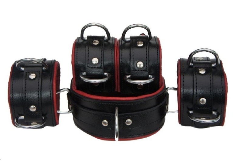 Handmade Unisex 5-Piece Black and Red Bondage Restraint Cuff Set